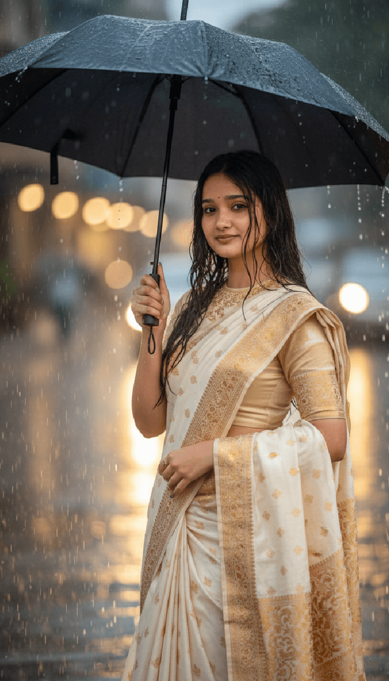 Girl in saree with umbrella